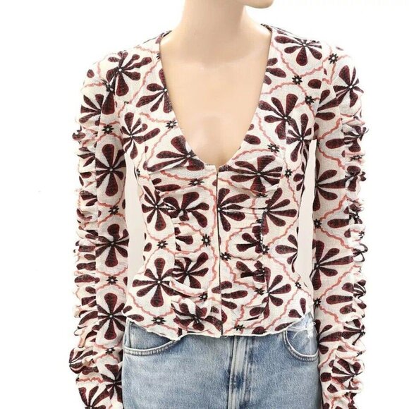 Free People Through The Meadow Blouse Top Ruched Floral Printed Cotton L 271469 - Picture 6 of 9